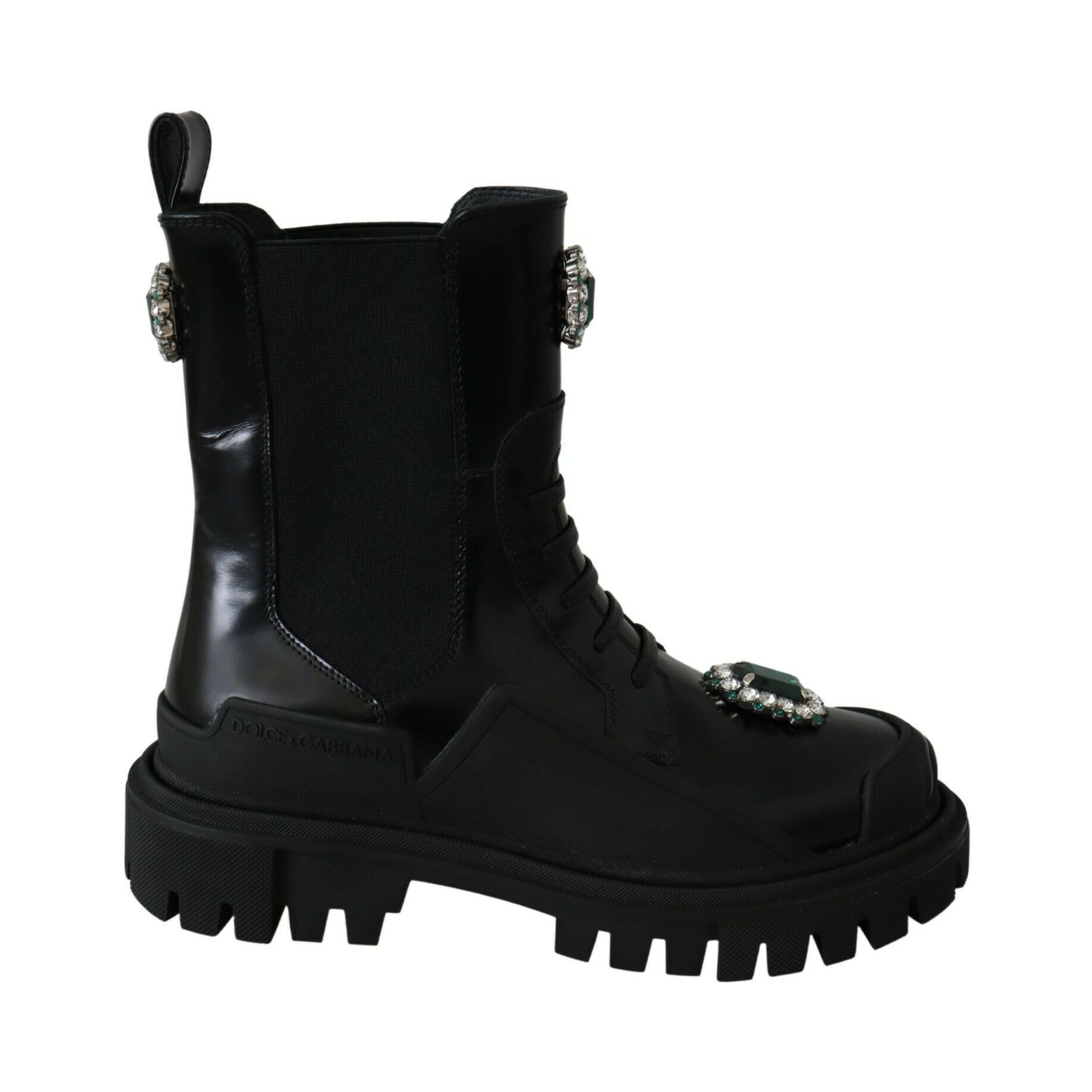 Black Leather Crystal Combat Boots