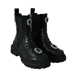 Black Leather Crystal Combat Boots
