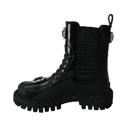 Black Leather Crystal Combat Boots