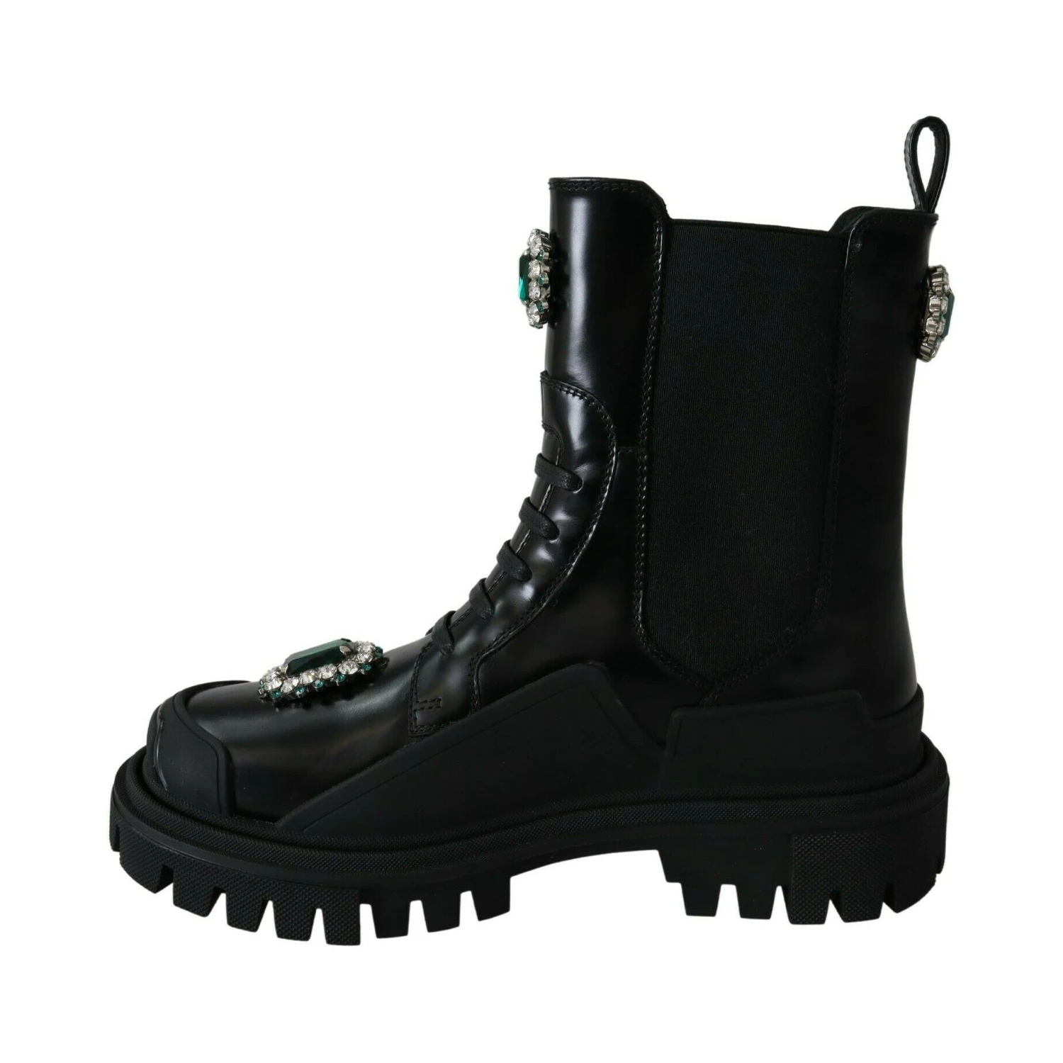 Black Leather Crystal Combat Boots