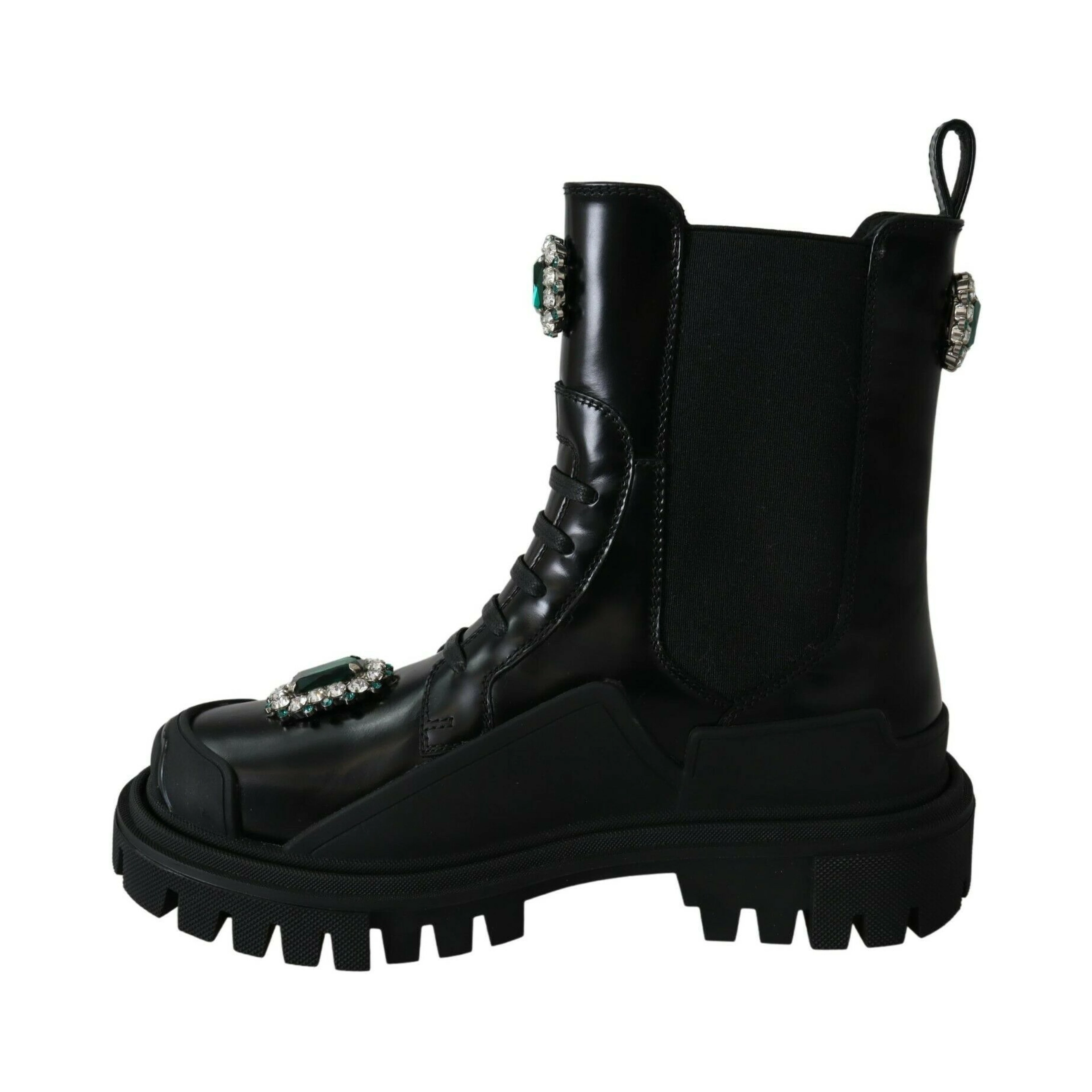 Black Leather Crystal Combat Boots