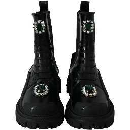 Black Leather Crystal Combat Boots