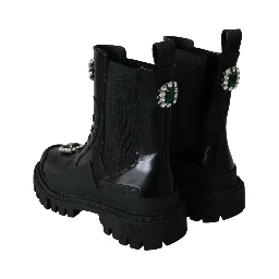 Black Leather Crystal Combat Boots