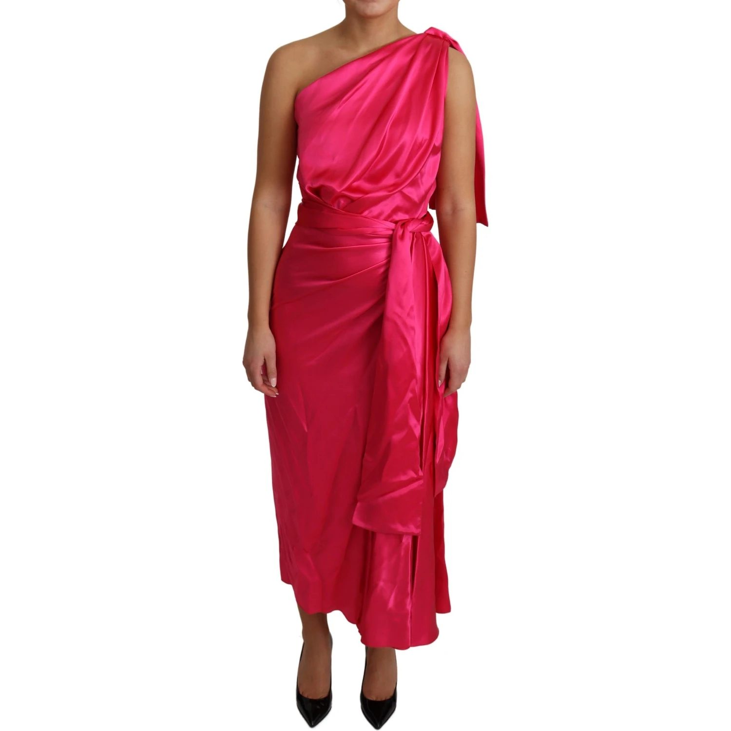 Dress Pink Fitted Cut One Shoulder Midi Dress