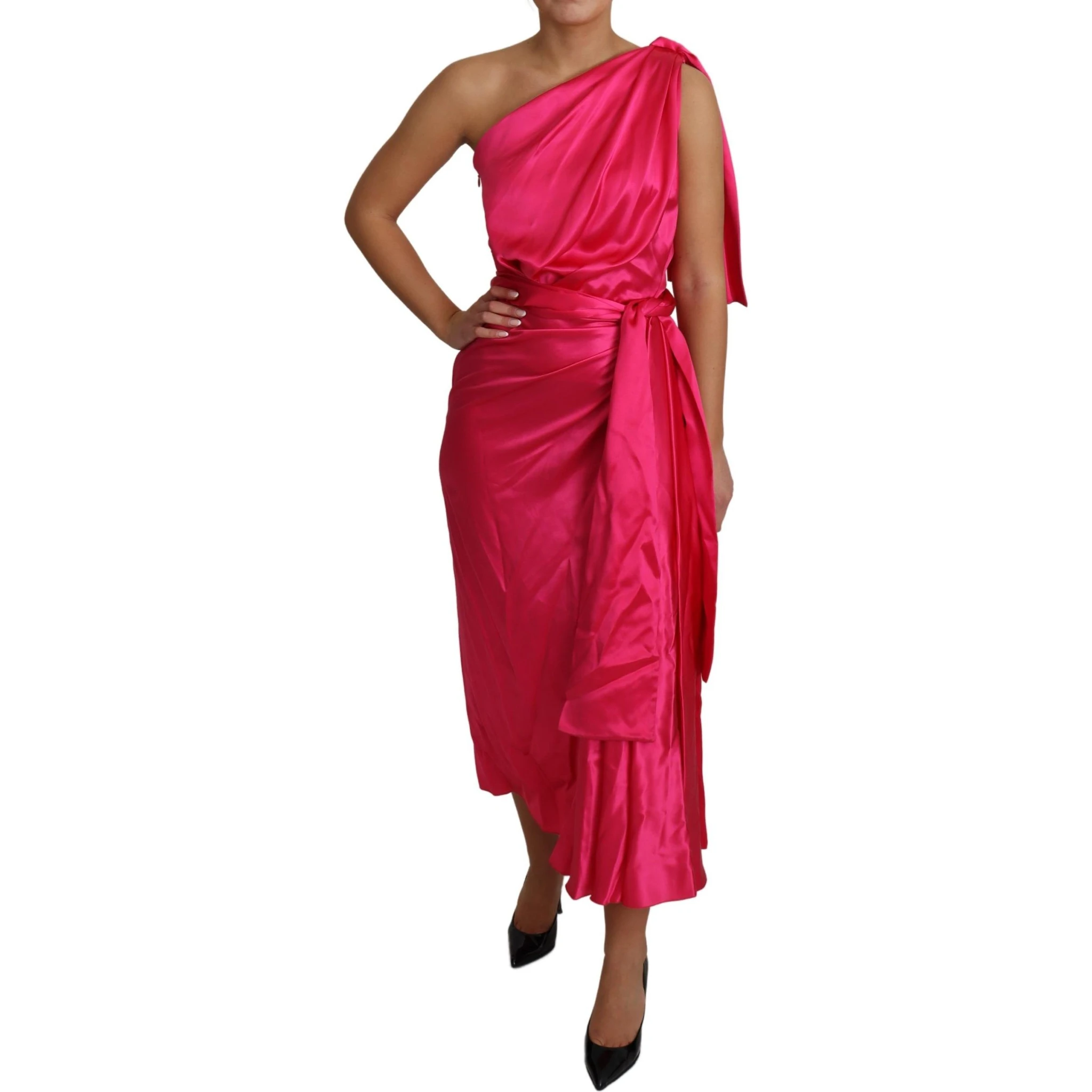 Dress Pink Fitted Cut One Shoulder Midi Dress