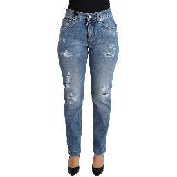 Blue Tattered Skinny Denim Cotton Blend Jeans
