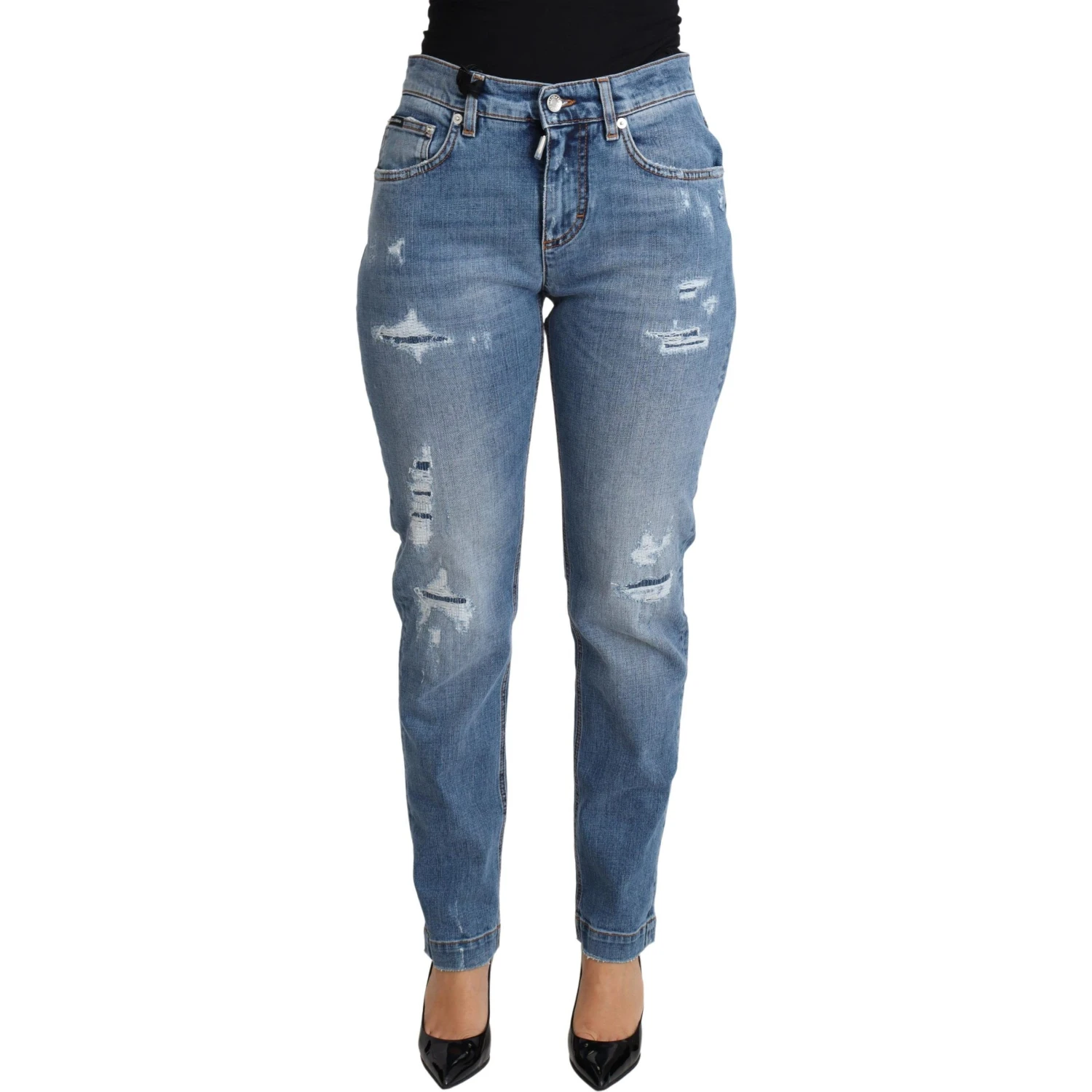 Blue Tattered Skinny Denim Cotton Blend Jeans