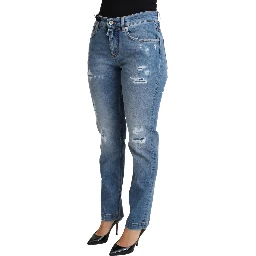 Blue Tattered Skinny Denim Cotton Blend Jeans