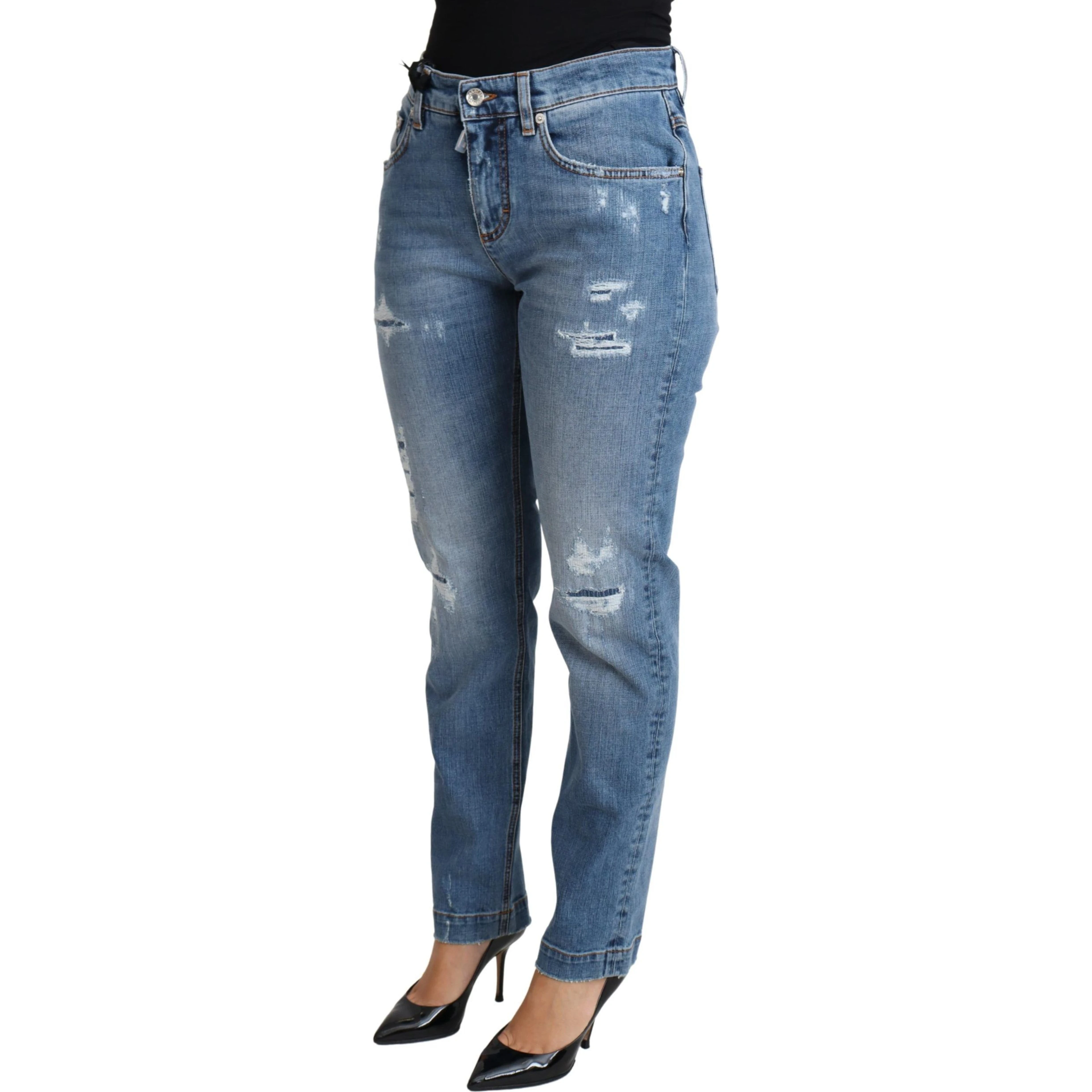 Blue Tattered Skinny Denim Cotton Blend Jeans