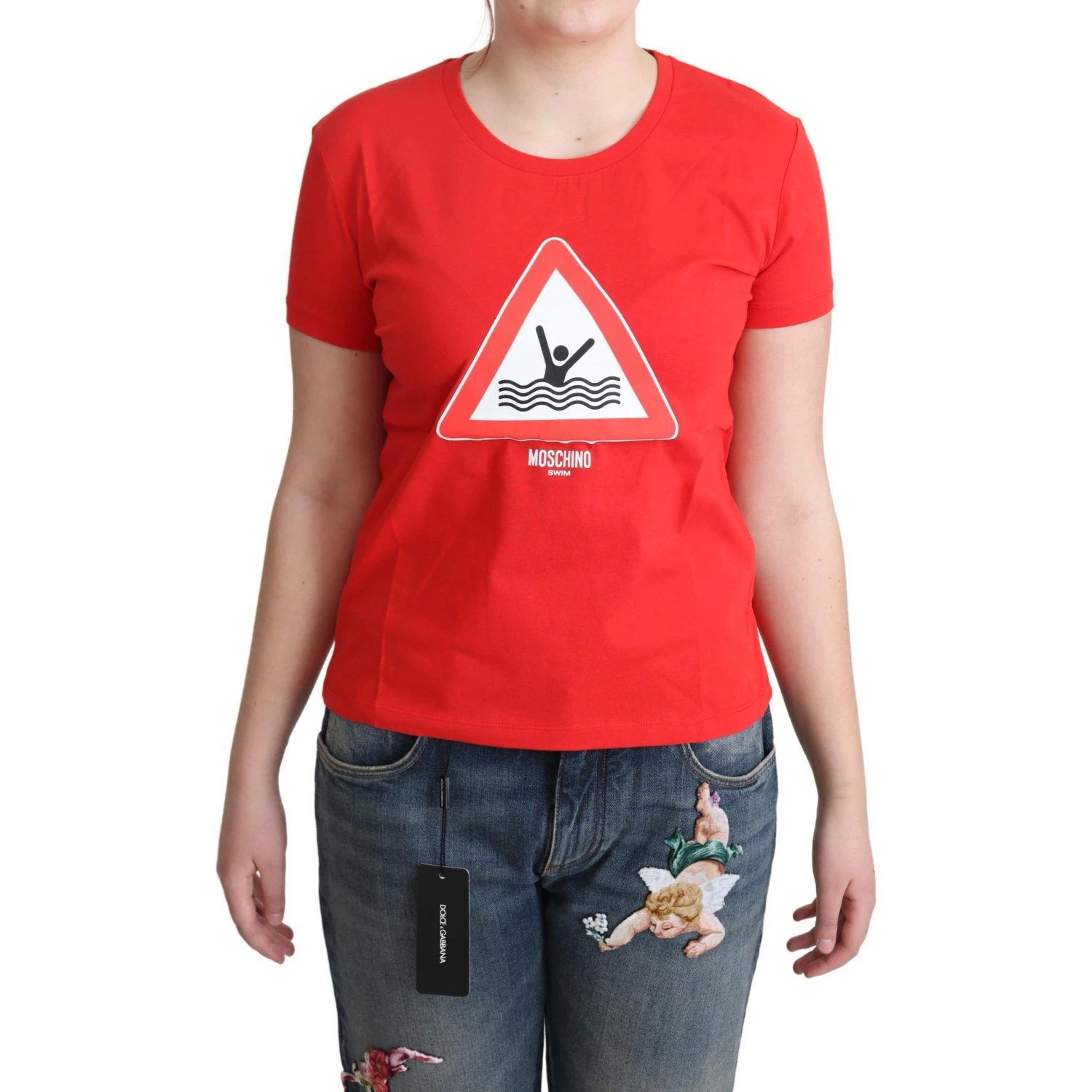 Red Cotton Swim Graphic Triangle Print  T-shirt