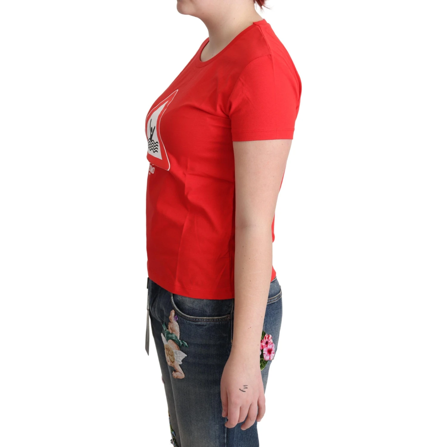 Red Cotton Swim Graphic Triangle Print  T-shirt