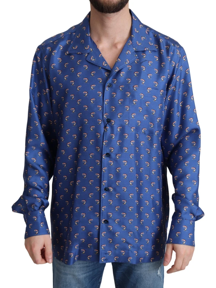 Blue Beach Chair Umbrella Print Silk Shirt