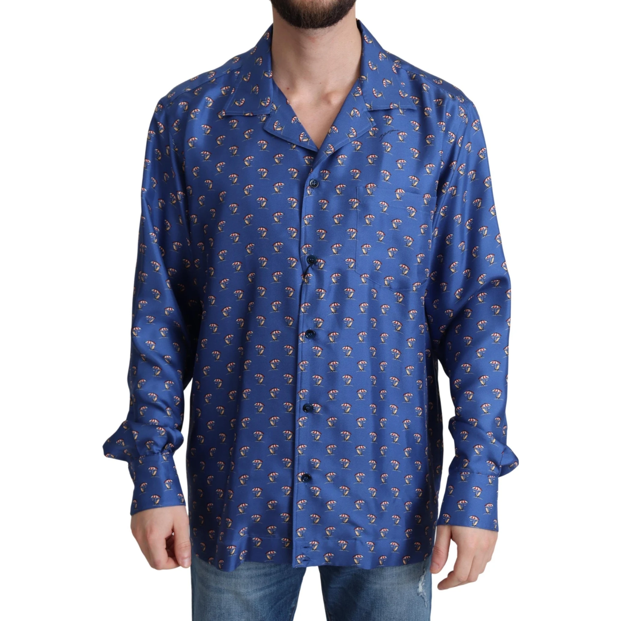 Blue Beach Chair Umbrella Print Silk Shirt