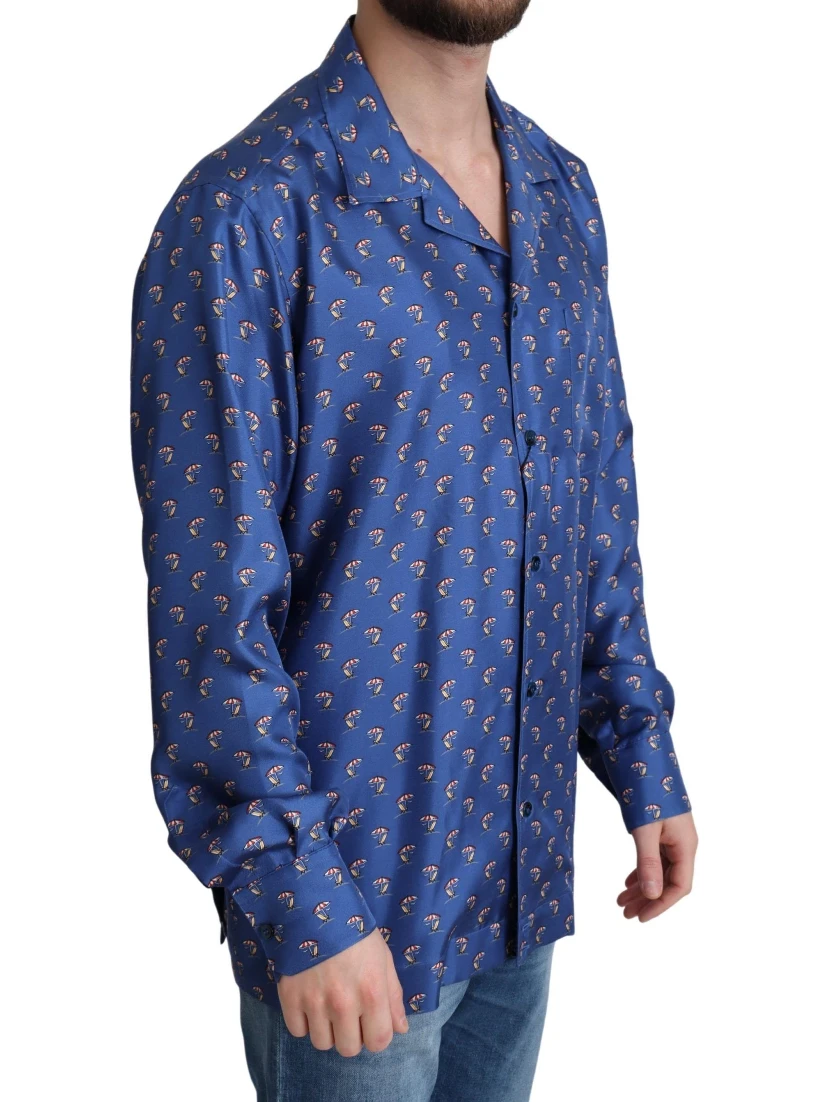 Blue Beach Chair Umbrella Print Silk Shirt