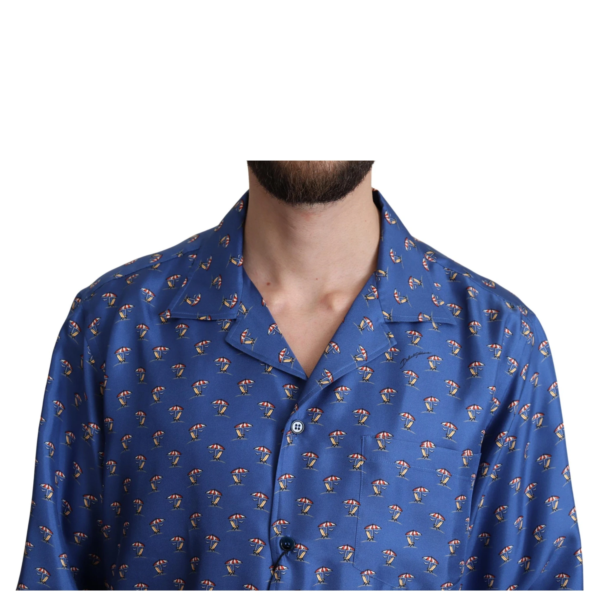 Blue Beach Chair Umbrella Print Silk Shirt