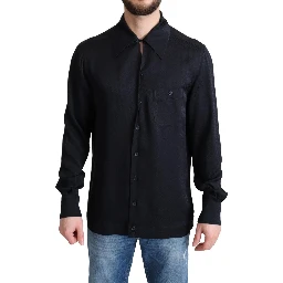 Black Jacquard Silk Casual Button Down Shirt