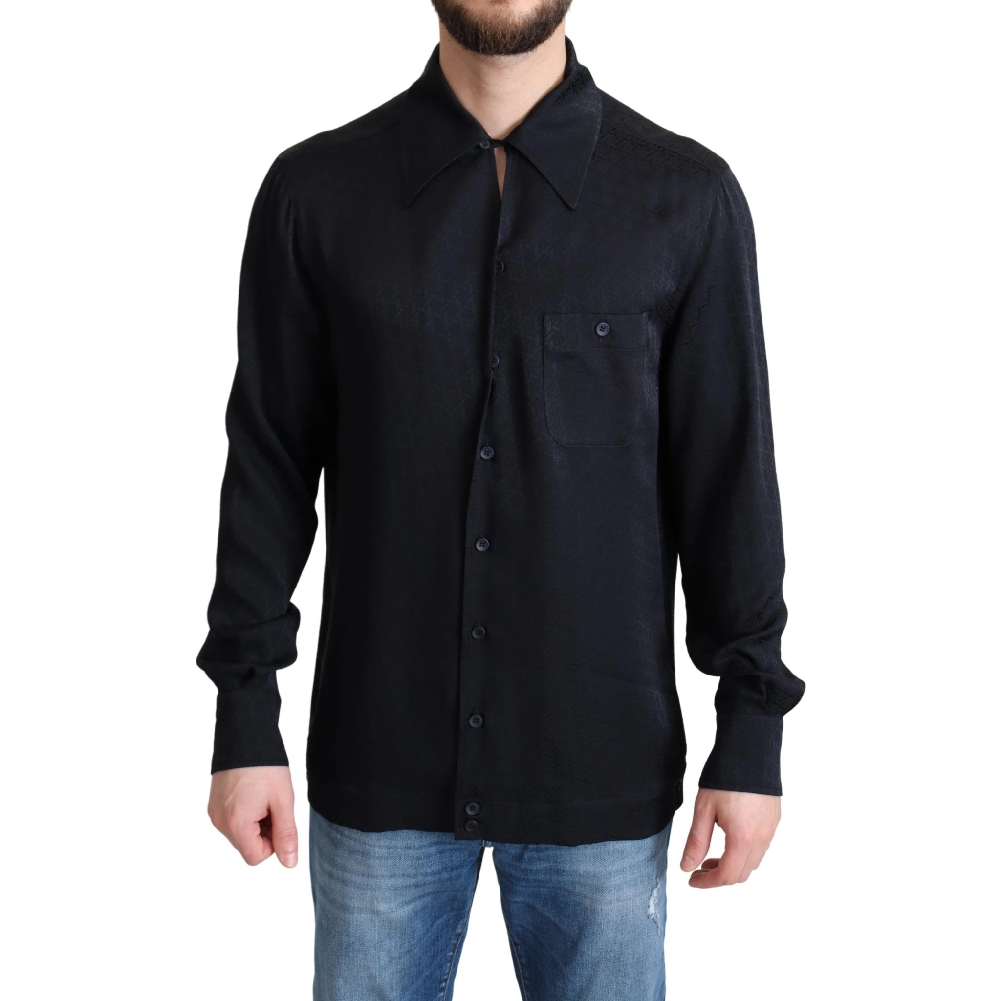Black Jacquard Silk Casual Button Down Shirt