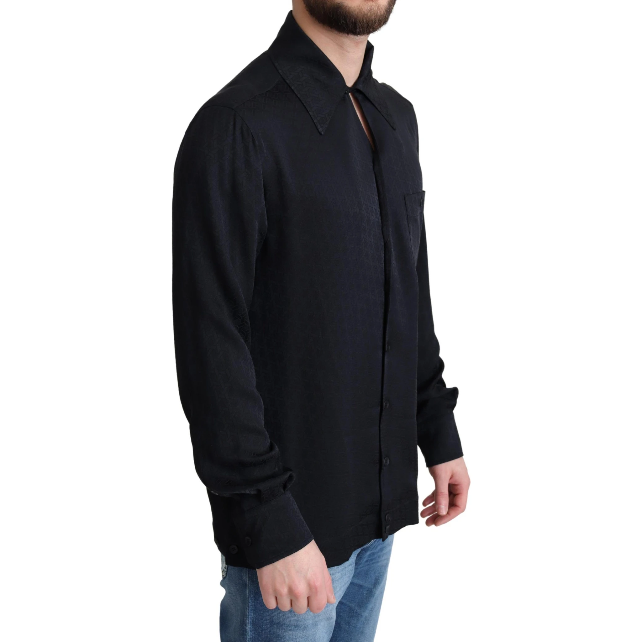 Black Jacquard Silk Casual Button Down Shirt