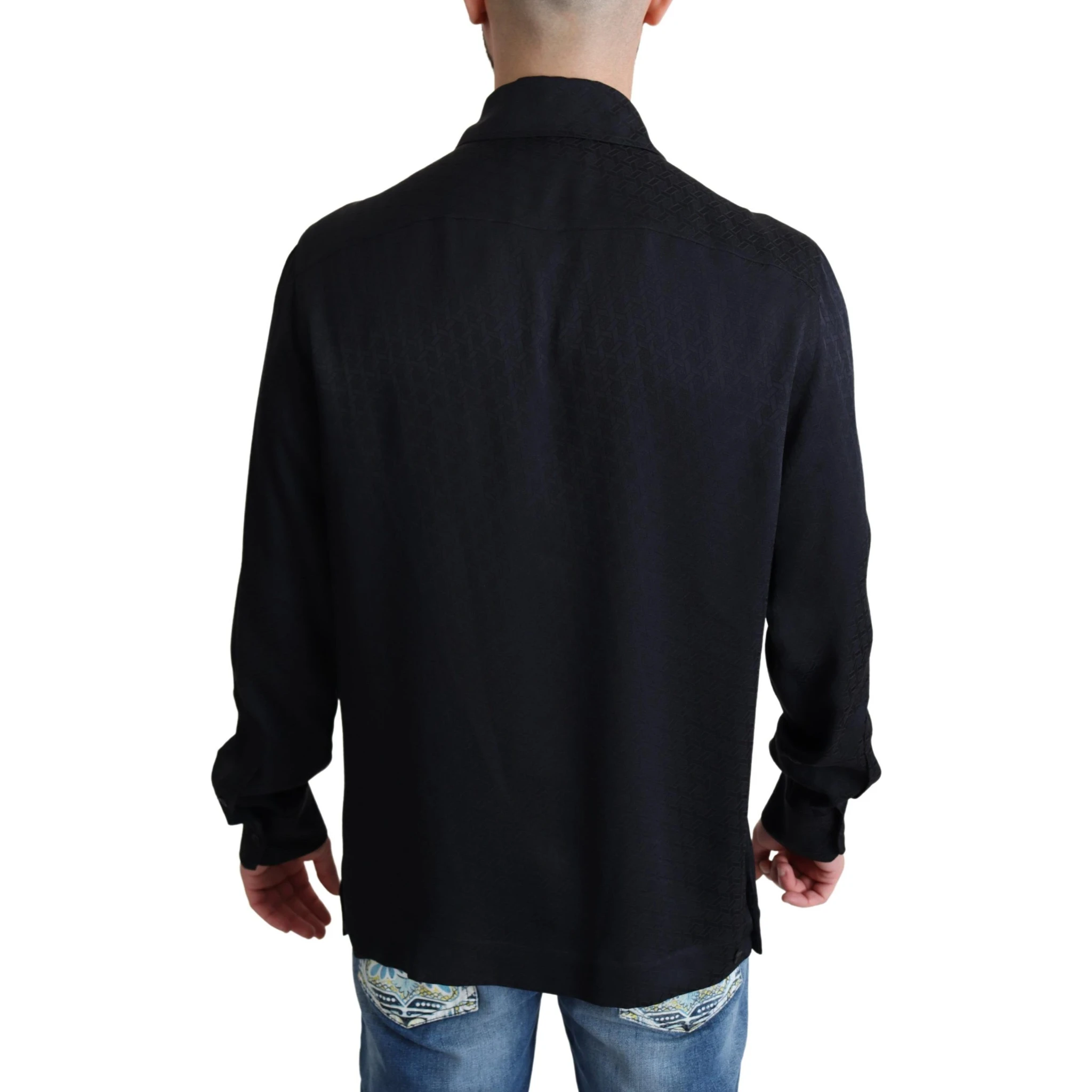 Black Jacquard Silk Casual Button Down Shirt