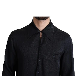 Black Jacquard Silk Casual Button Down Shirt