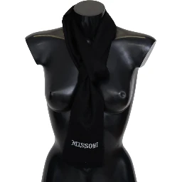 Black 100% Wool Unisex Neck Wrap Fringes Logo Scarf