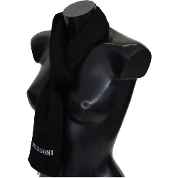 Black 100% Wool Unisex Neck Wrap Fringes Logo Scarf