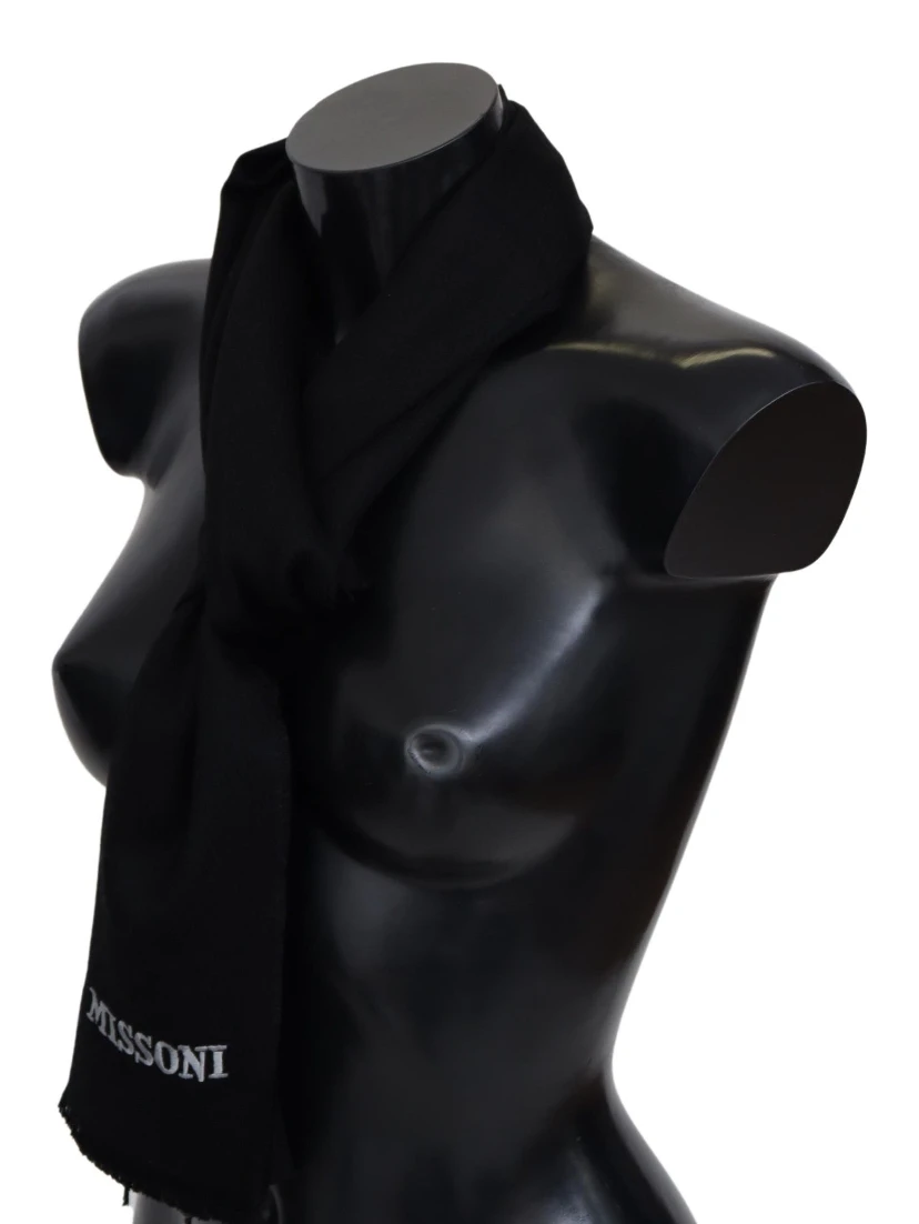Black 100% Wool Unisex Neck Wrap Fringes Logo Scarf