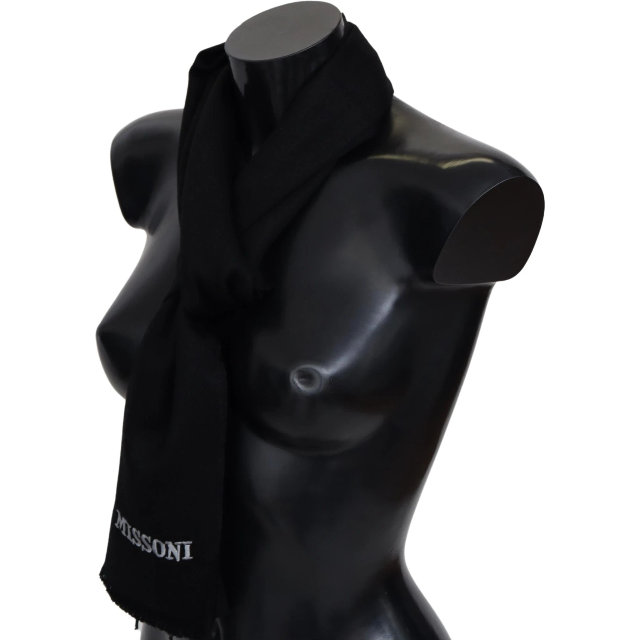 Black 100% Wool Unisex Neck Wrap Fringes Logo Scarf