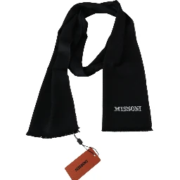 Black 100% Wool Unisex Neck Wrap Fringes Logo Scarf