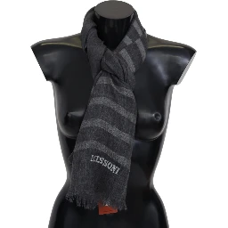 Gray Striped Wool Unisex Neck Wrap Fringes Scarf