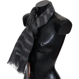 Gray Striped Wool Unisex Neck Wrap Fringes Scarf