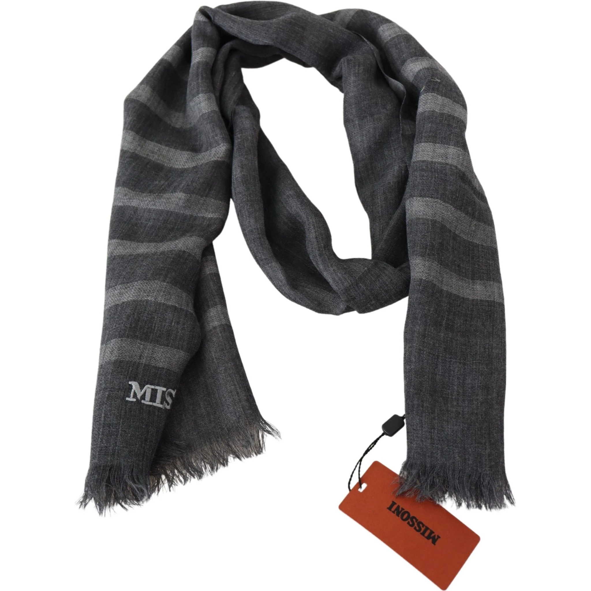 Gray Striped Wool Unisex Neck Wrap Fringes Scarf