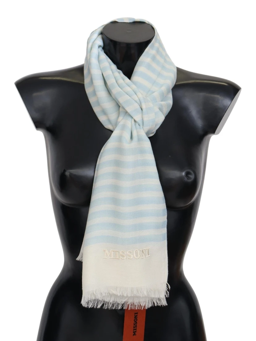 Blue White Lined Cashmere Unisex Wrap Scarf
