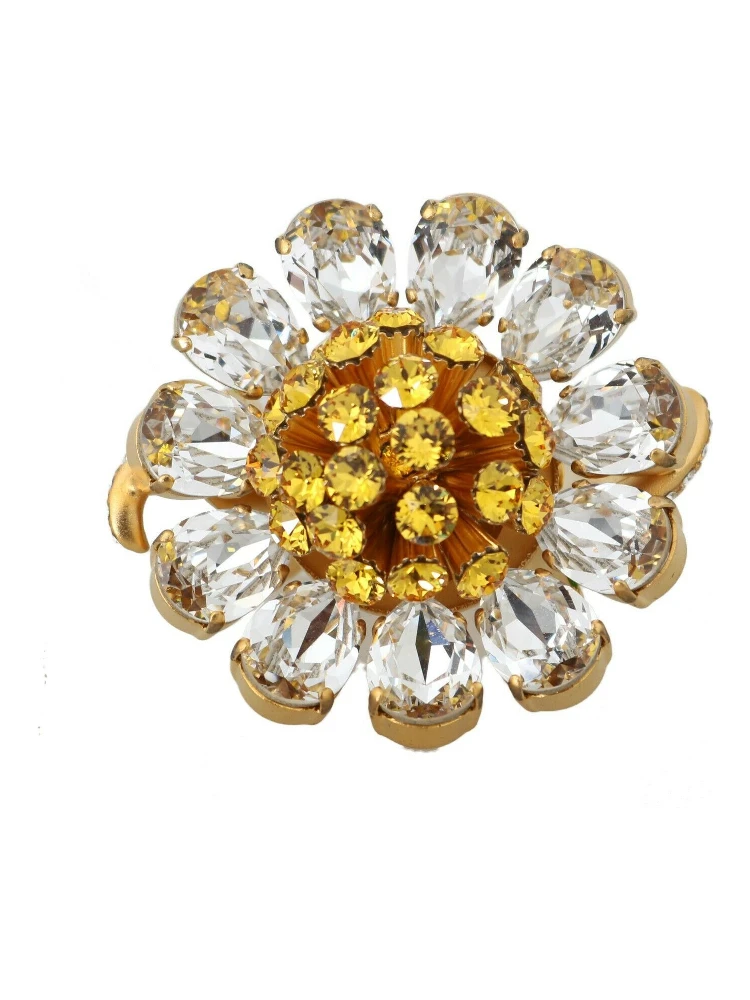 Gold Brass Yellow Crystal Flower Ring