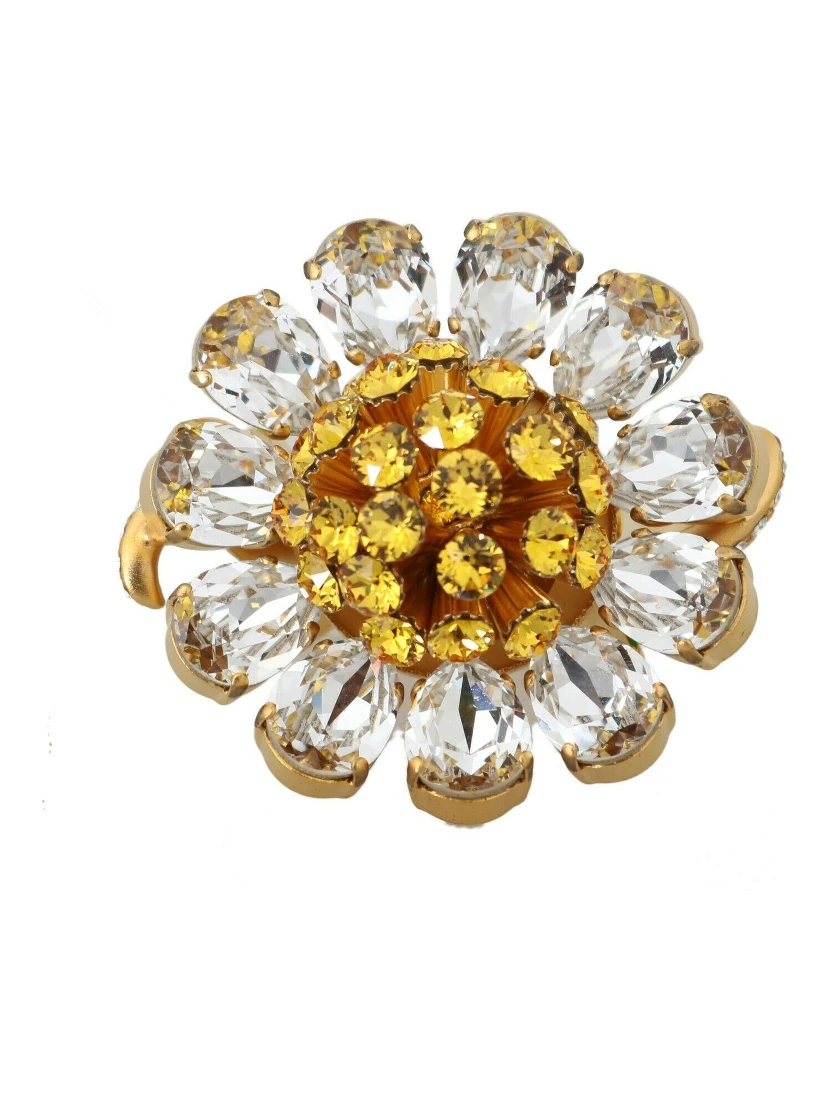 Gold Brass Yellow Crystal Flower Ring