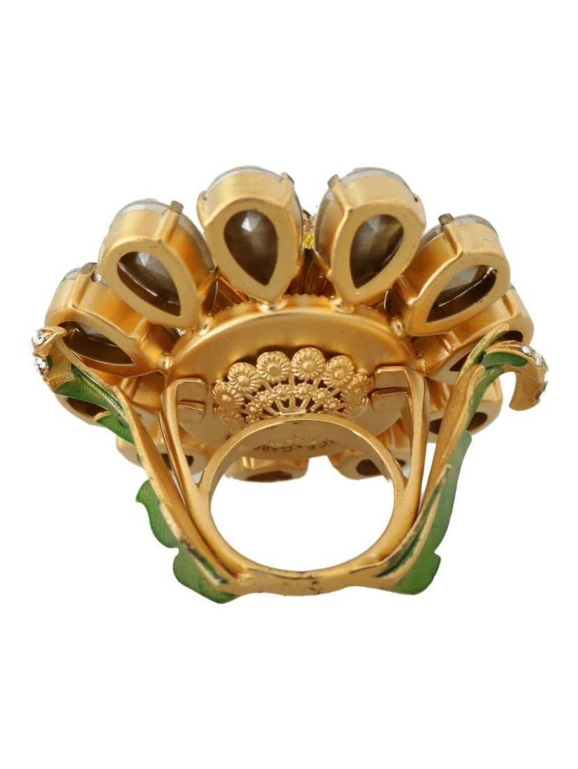 Gold Brass Yellow Crystal Flower Ring