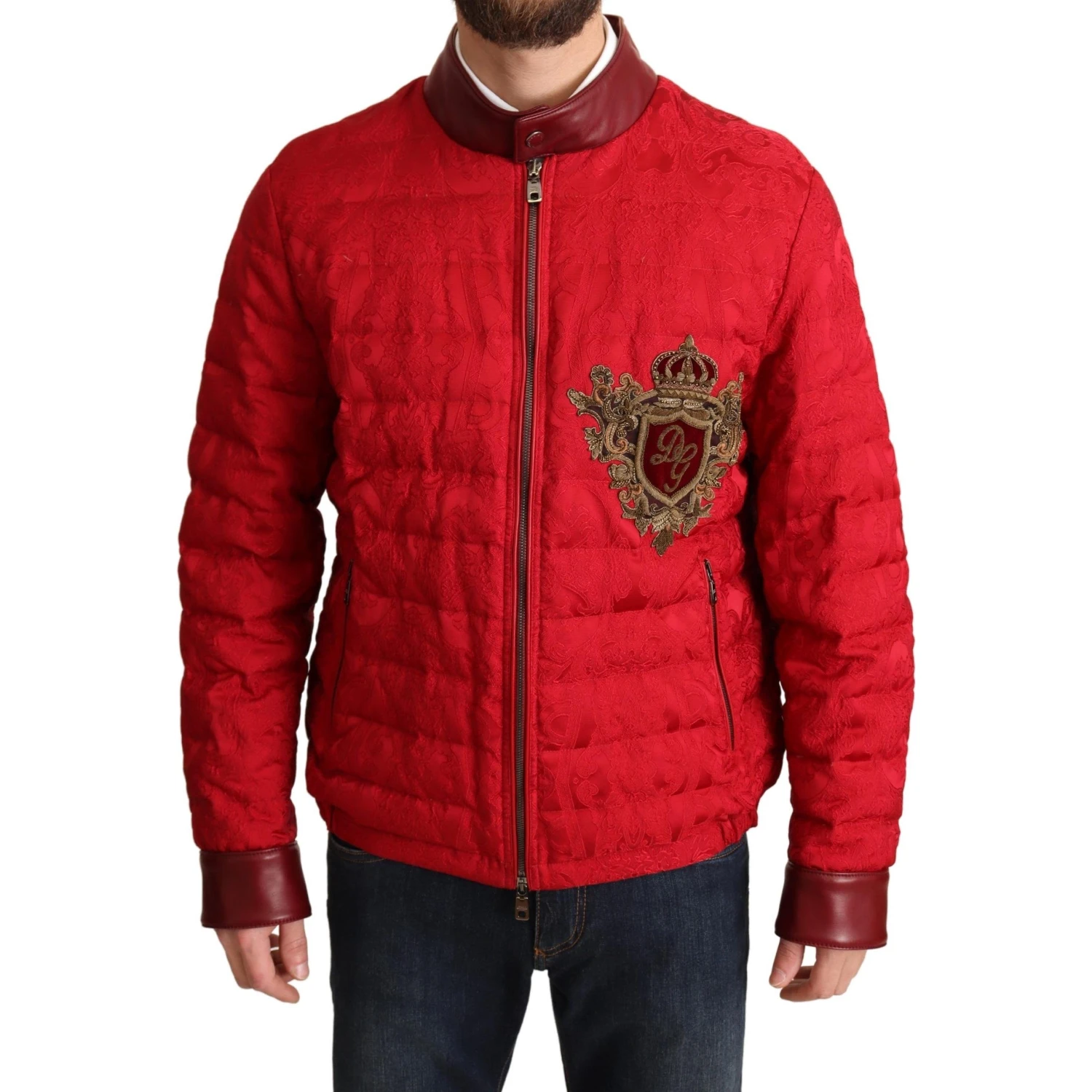 Red Brocade Bomber Gold Crown Logo Coat Jacket