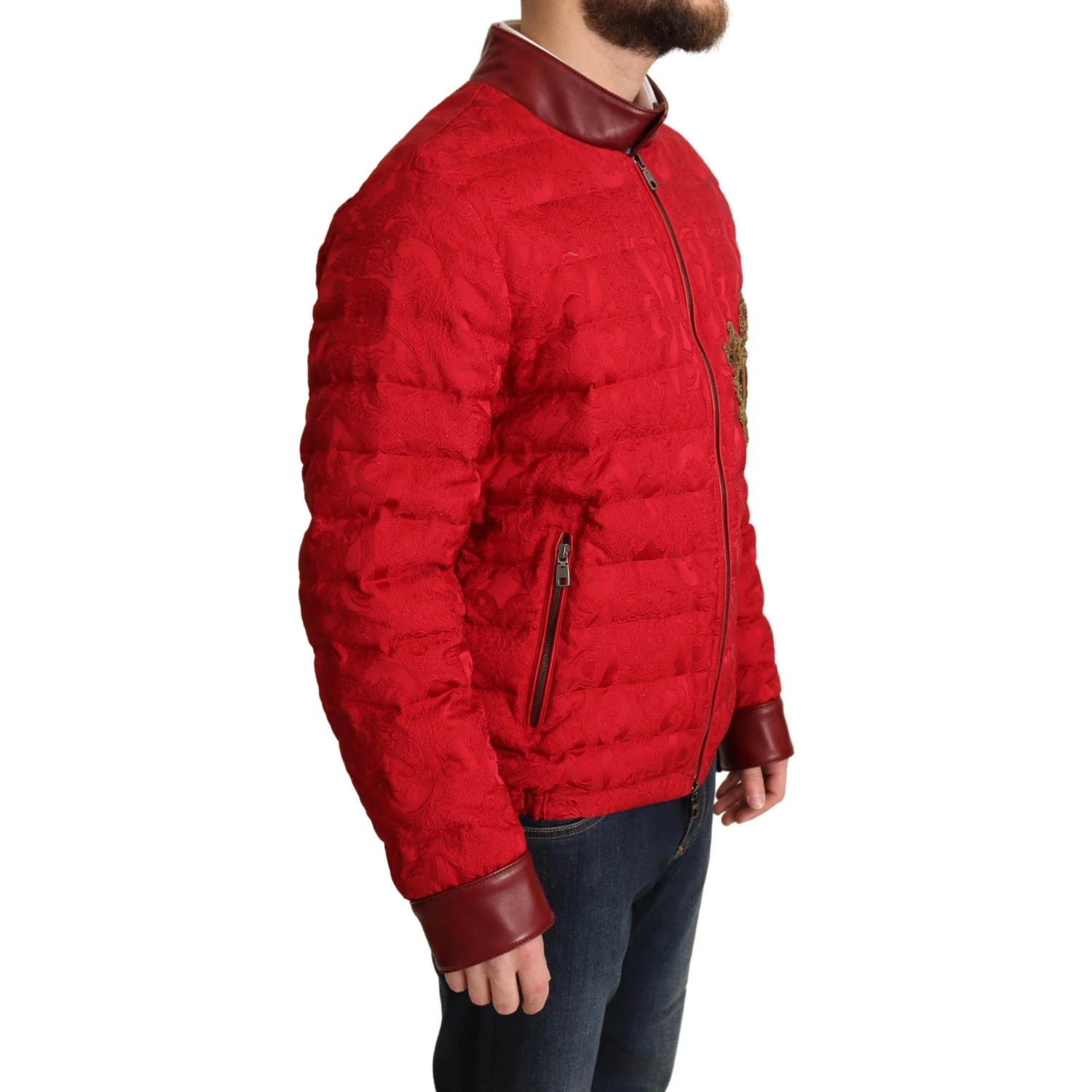 Red Brocade Bomber Gold Crown Logo Coat Jacket
