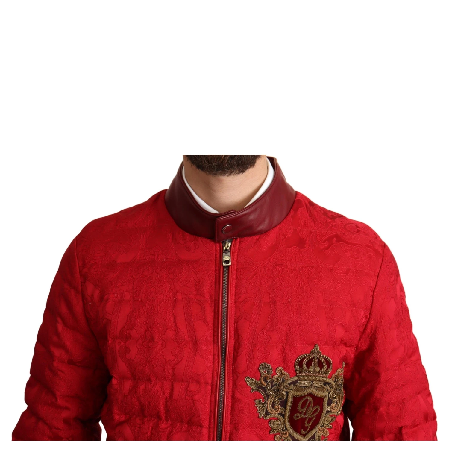 Red Brocade Bomber Gold Crown Logo Coat Jacket