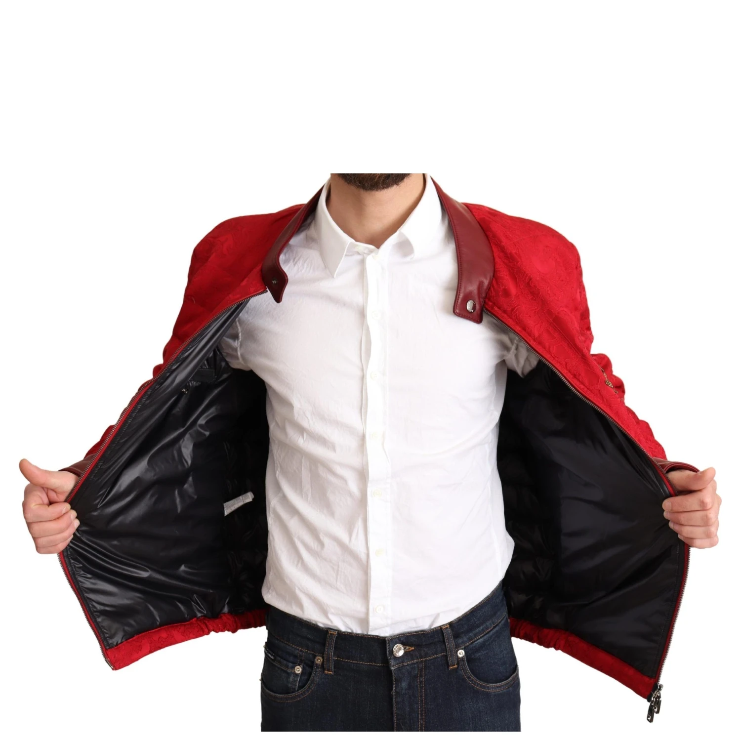 Red Brocade Bomber Gold Crown Logo Coat Jacket