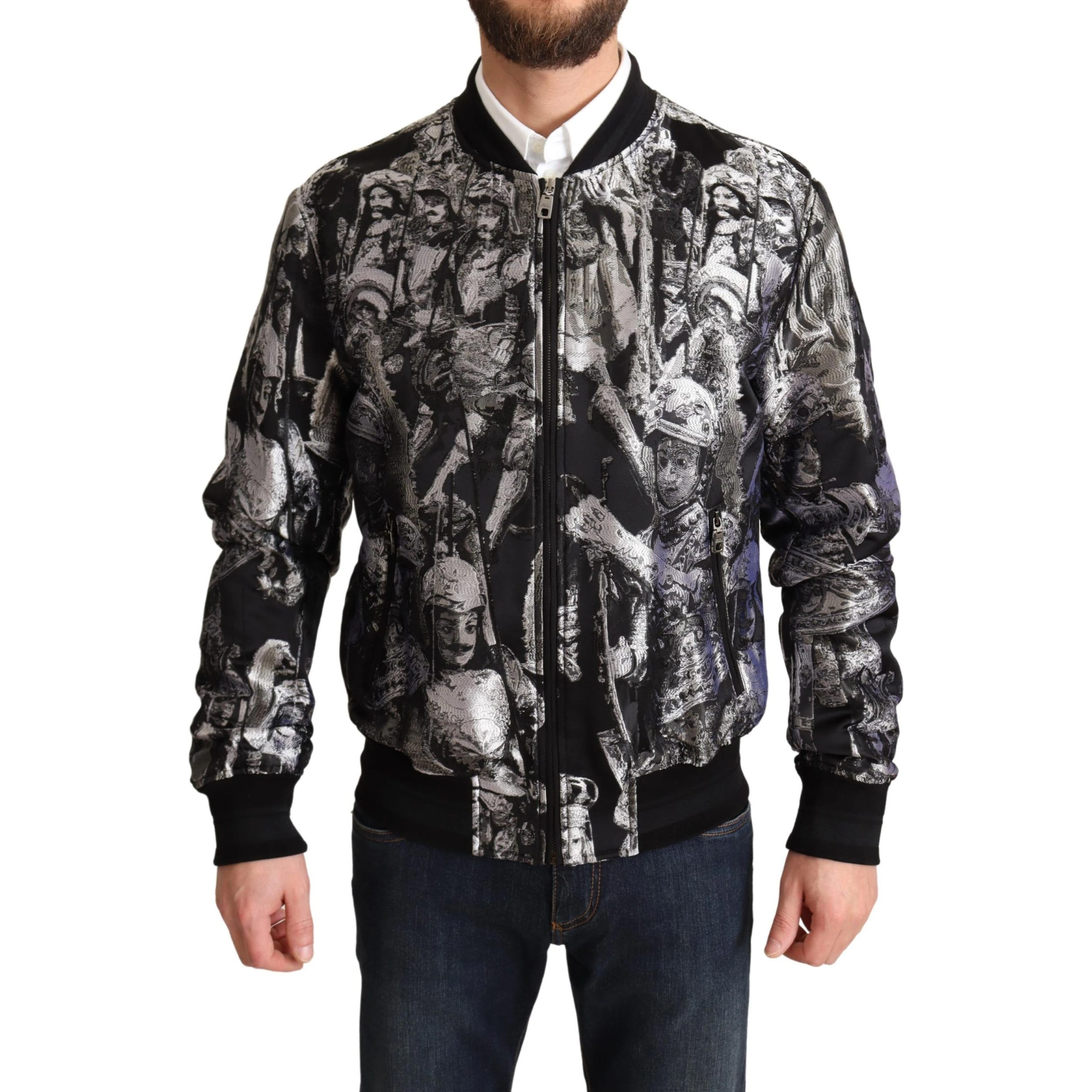 Black Silver Puppi Motive Bomber Jacket