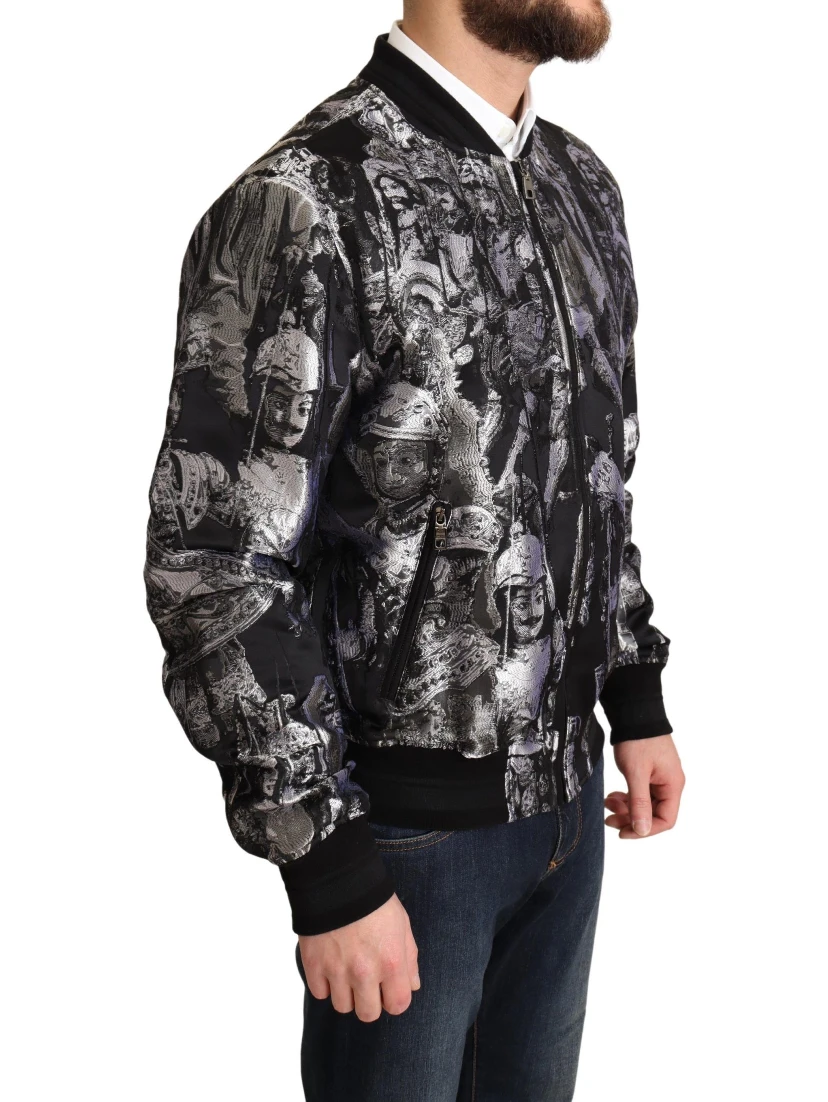 Black Silver Puppi Motive Bomber Jacket