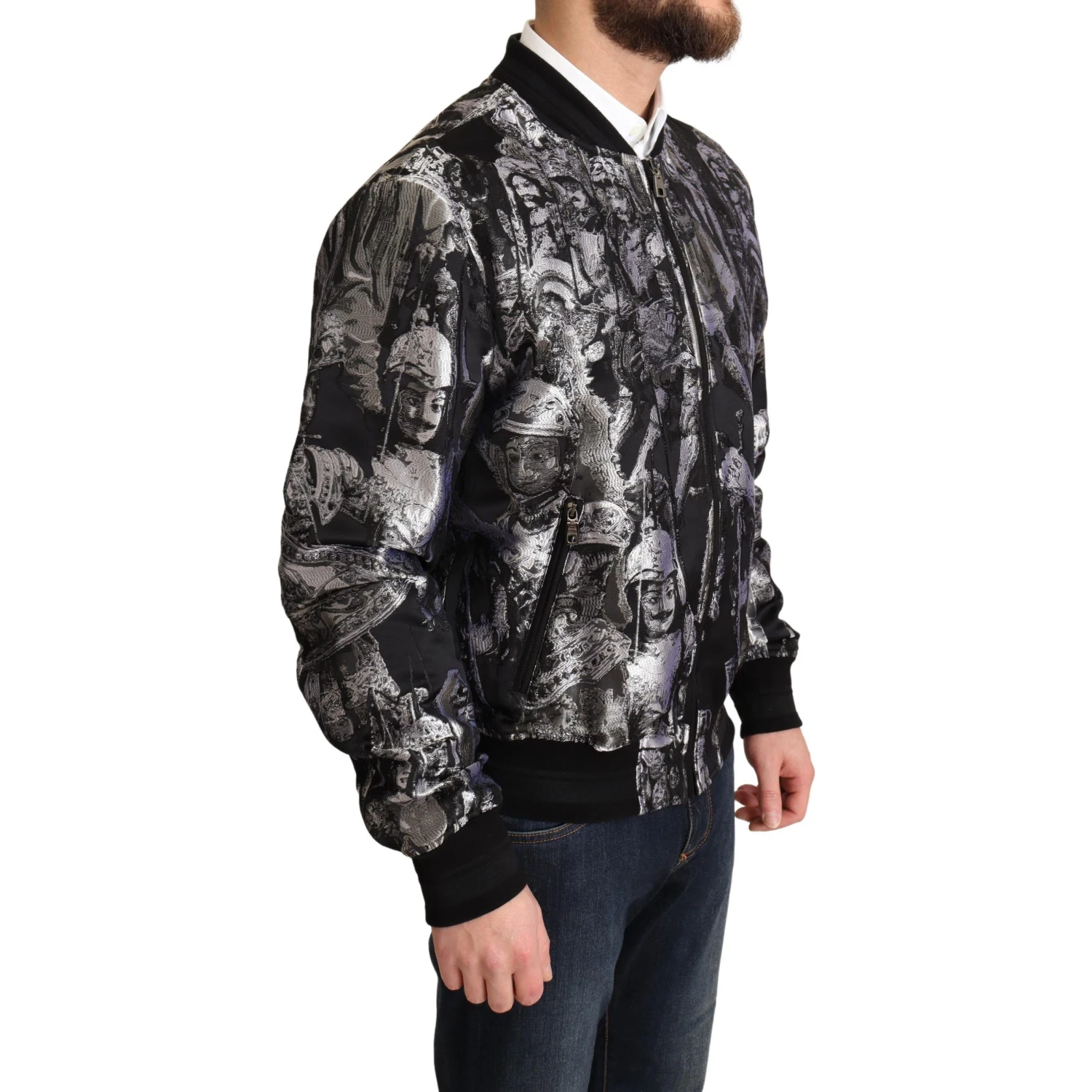 Black Silver Puppi Motive Bomber Jacket