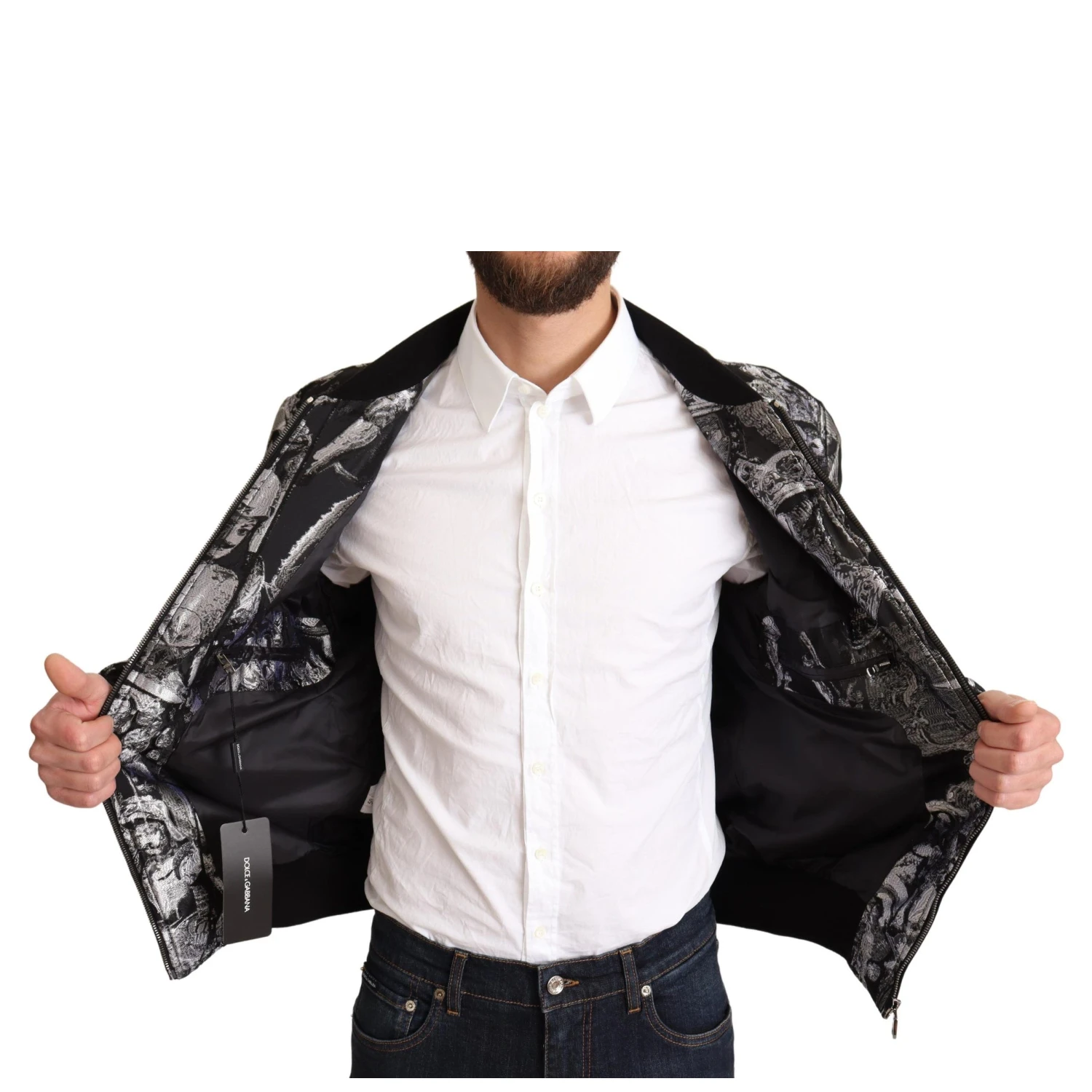 Black Silver Puppi Motive Bomber Jacket
