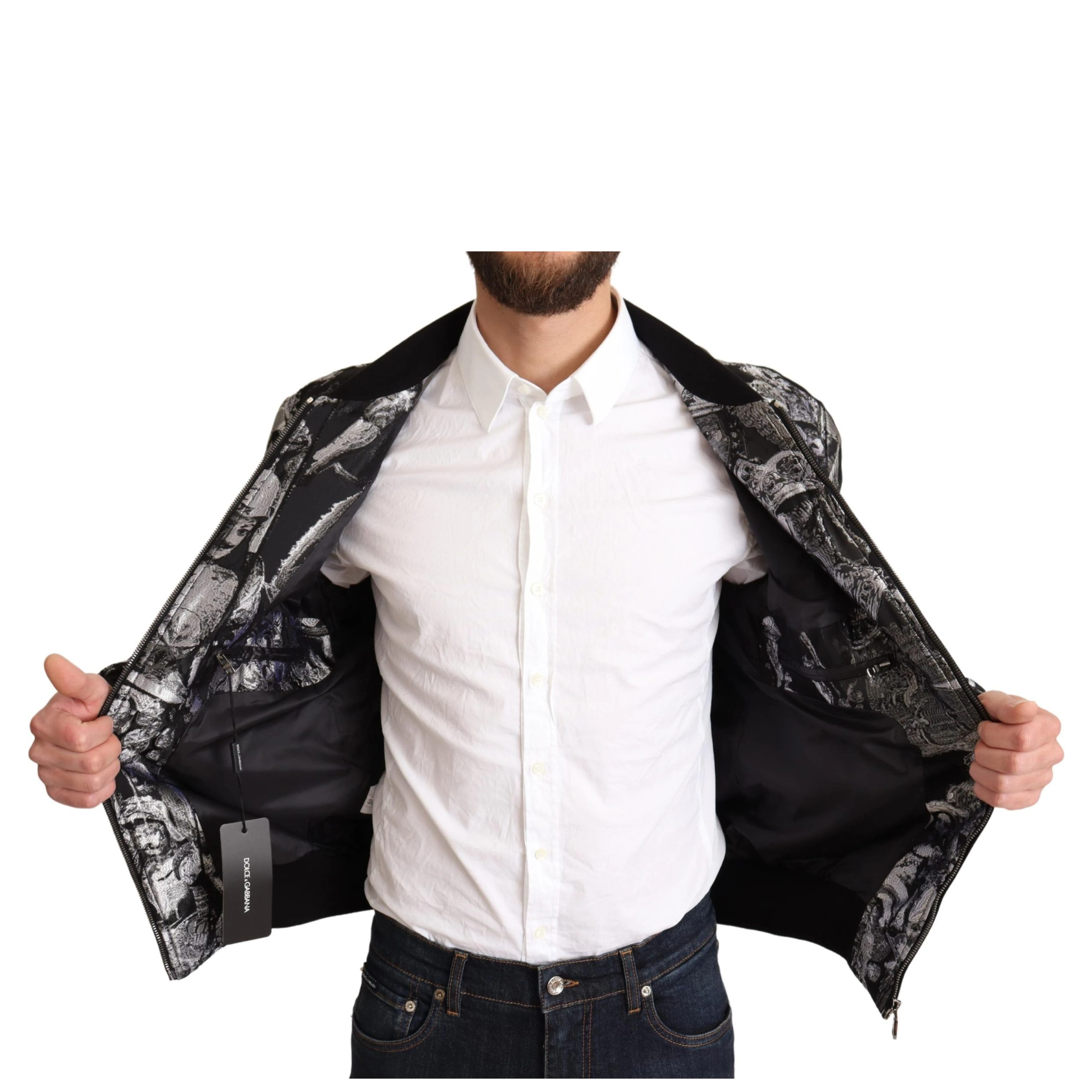 Black Silver Puppi Motive Bomber Jacket