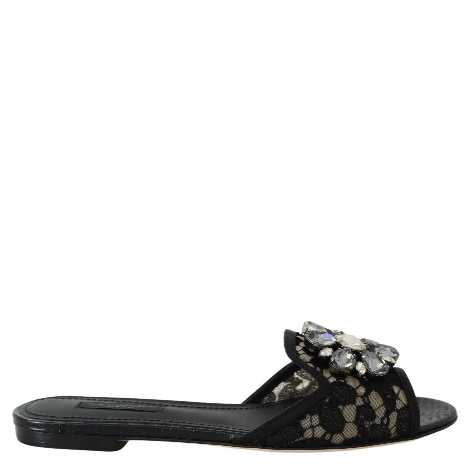 Black Taormina Lace Slides Crystals Flats Shoes
