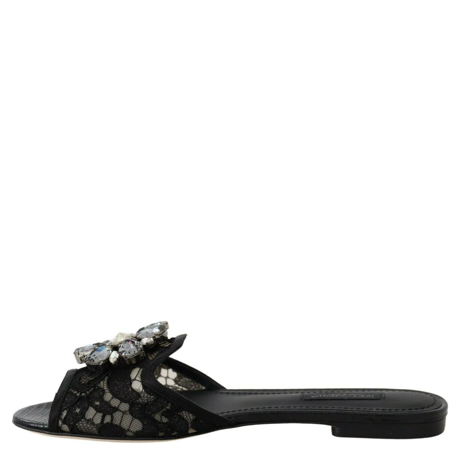 Black Taormina Lace Slides Crystals Flats Shoes