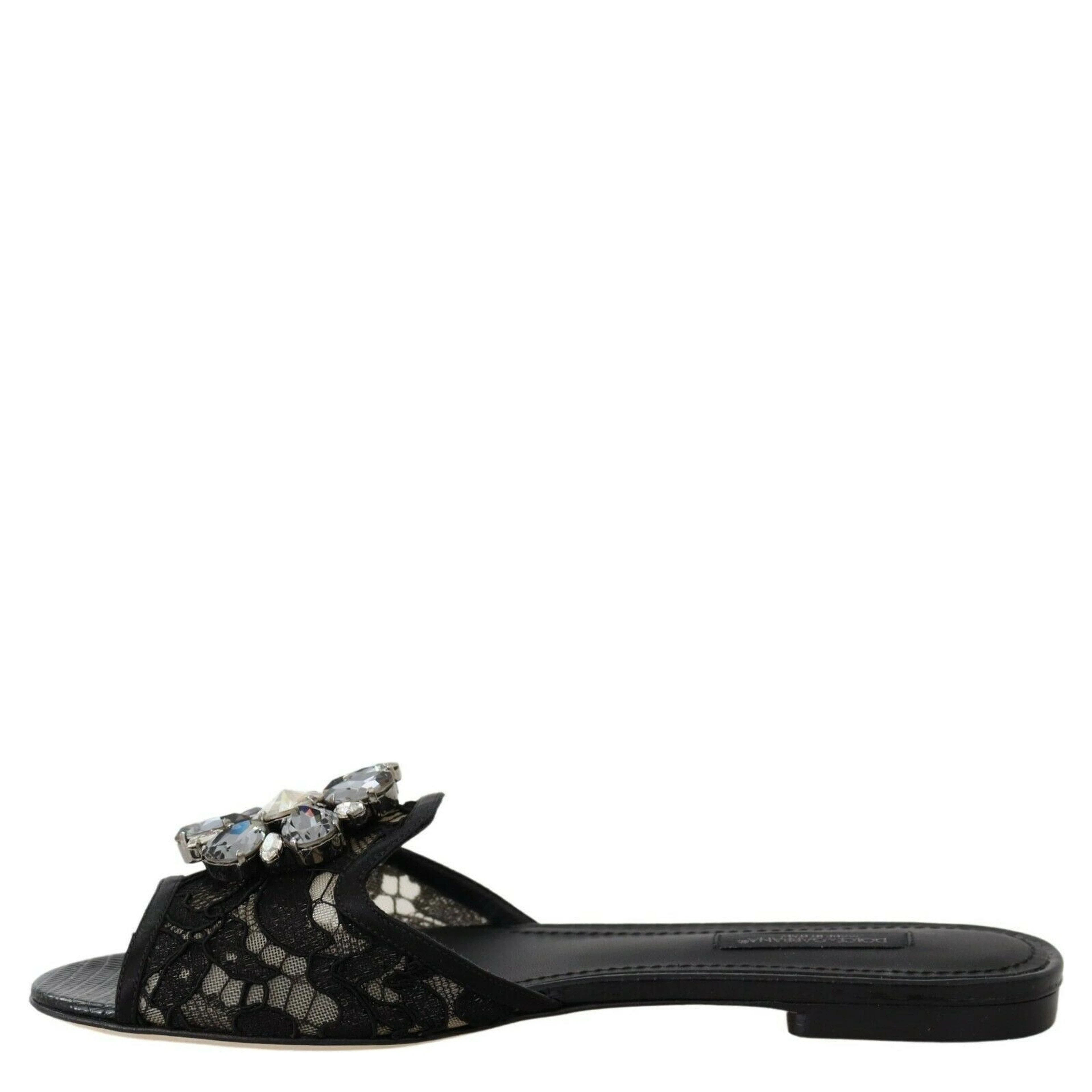 Black Taormina Lace Slides Crystals Flats Shoes