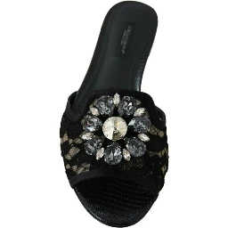 Black Taormina Lace Slides Crystals Flats Shoes