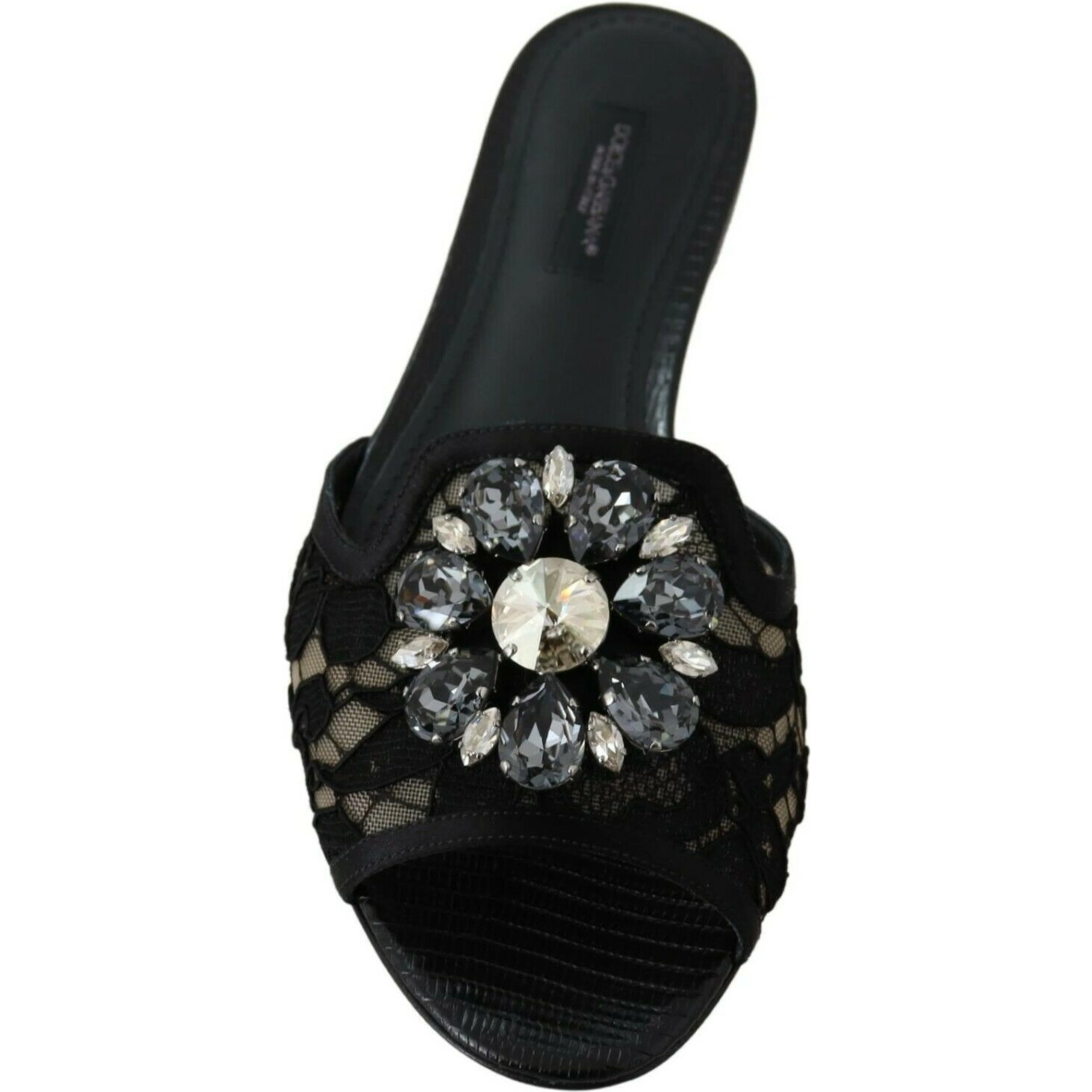 Black Taormina Lace Slides Crystals Flats Shoes